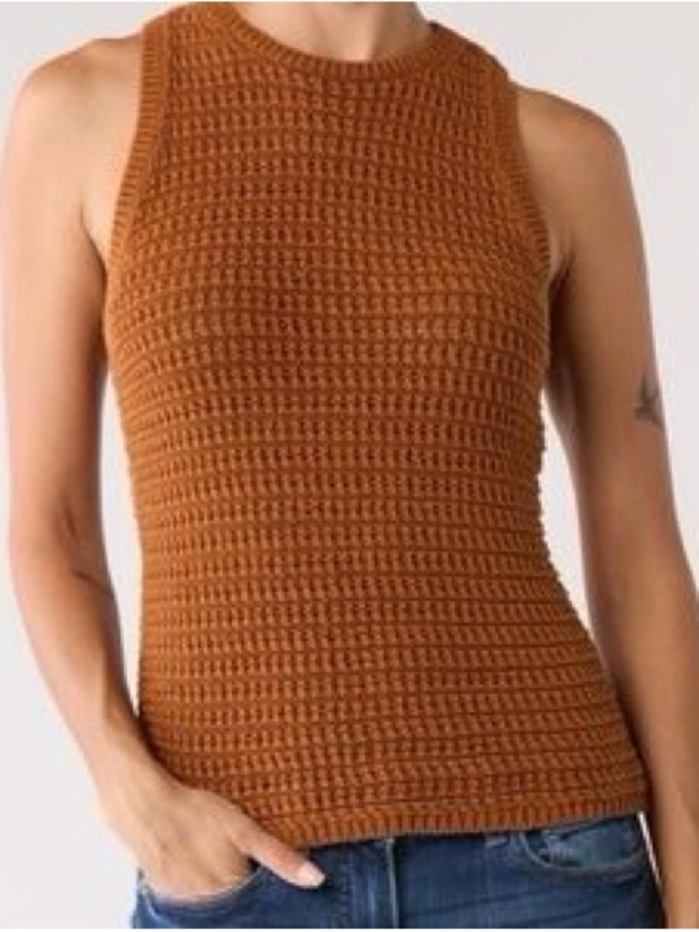 Madewell Women Sleeveless Open Knit Crochet High Neck Cotton Tank Top Rust S